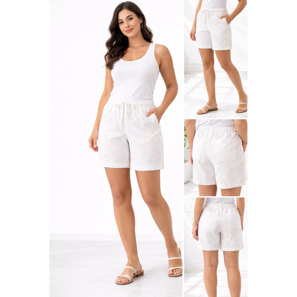 d&co Denim & Company Women’s MP White Pull-On Shorts Stretch Cotton Textured